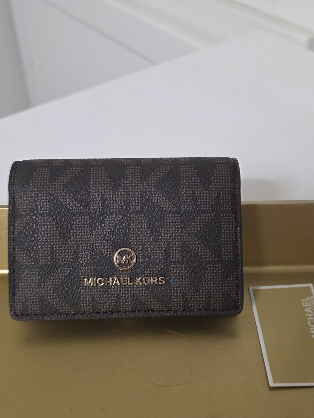 Michael Kors Brown Logo Compact Wallet with Gold Hardware